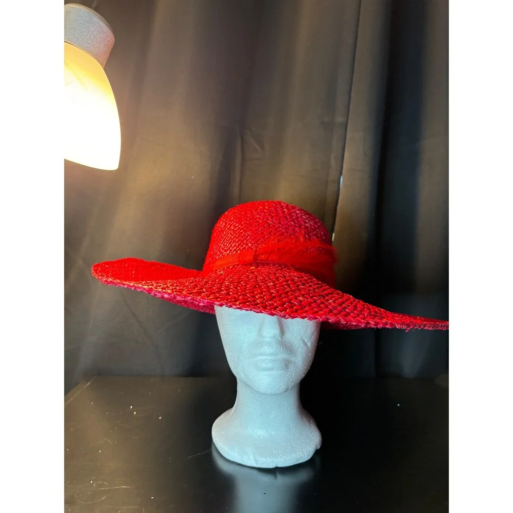 Vintage Red Woven Straw Wide Brim Sun Hat with Feather Detail Floppy Derby Hat